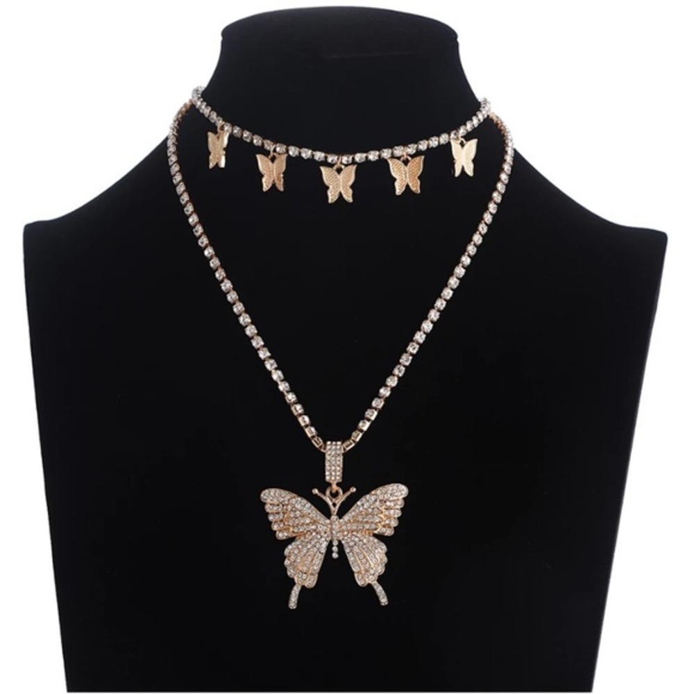 HP🦋STUNNING RHINESTONE BUTTERFLY GOLD CHOKER 2 PIECE SET‎ - Picture 3 of 13